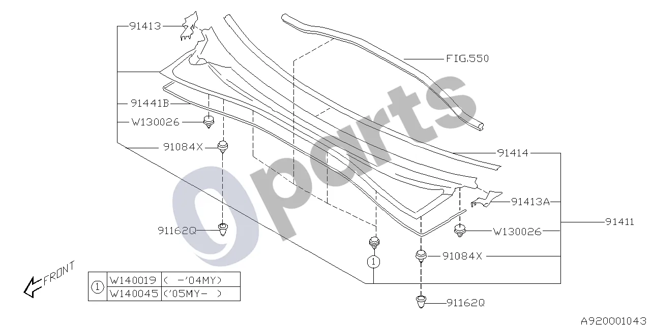 Subaru Impreza II (2003–2005) Priekinio stiklo apatinis skydas schema – Spaustukas d8