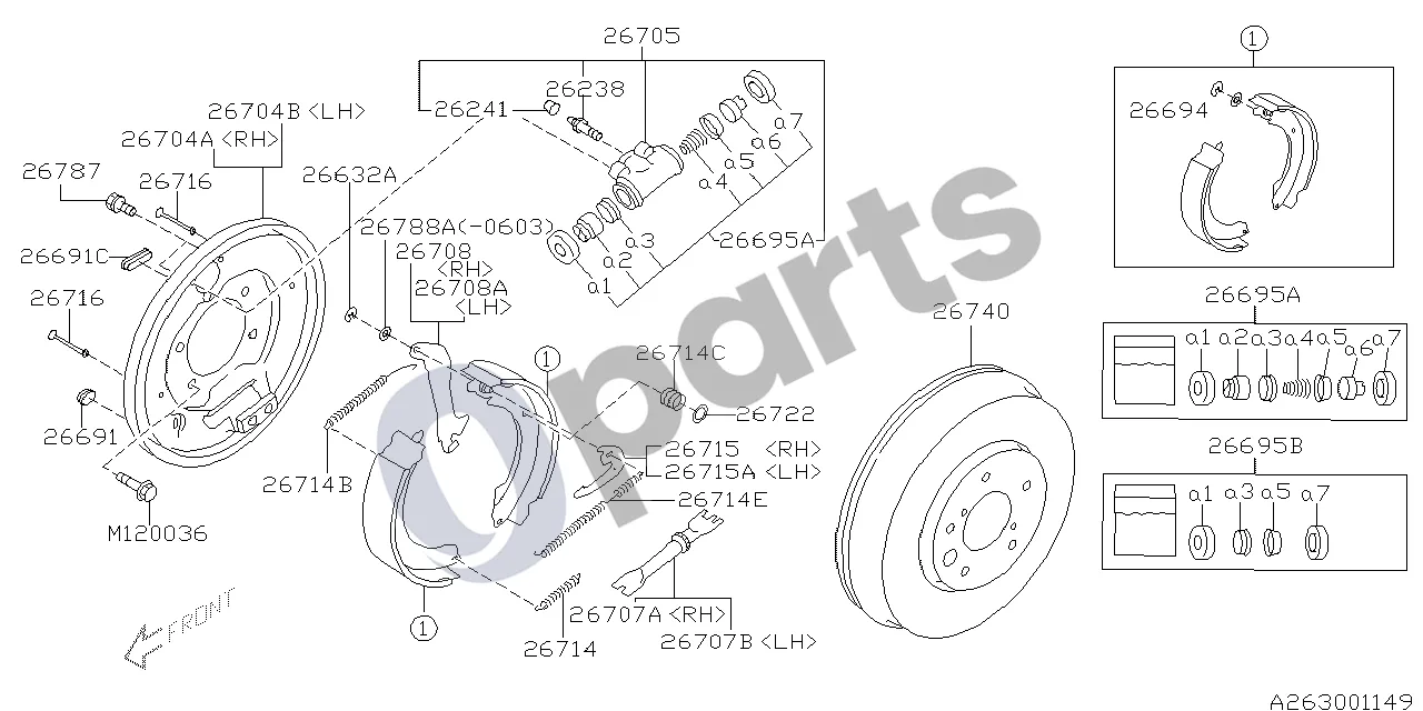 Subaru Impreza II (2006–2007) Būgninis stabdys schema – pozicija 26704B: Galinio stabdžio atraminė plokštė, kairė