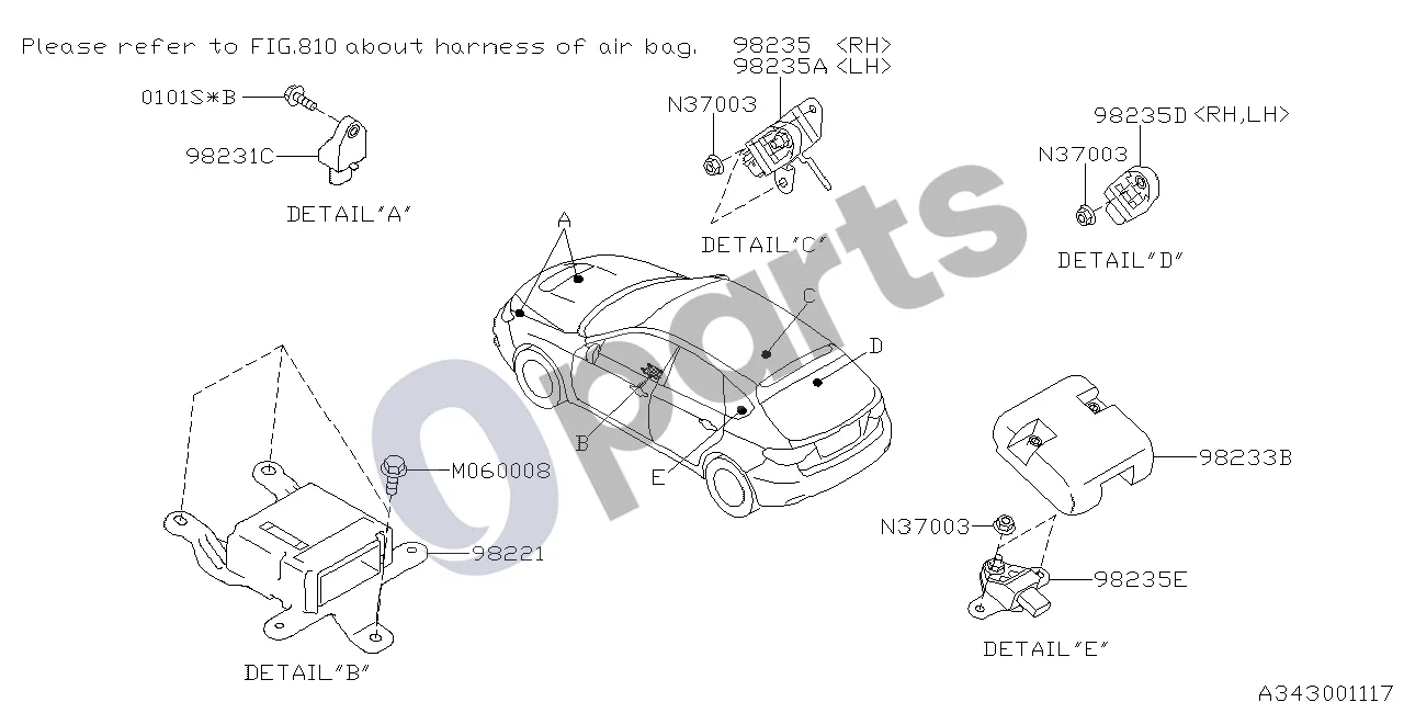 Subaru Impreza III (2008–2011) Sistema (255) schema – pozicija 98235A: Šoninės oro pagalvės jutiklis, kairys