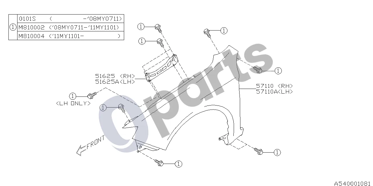 Subaru Impreza III (2008–2011) Sparnas schema – pozicija 57110A: Priekinis sparnas, komplektas, kairys