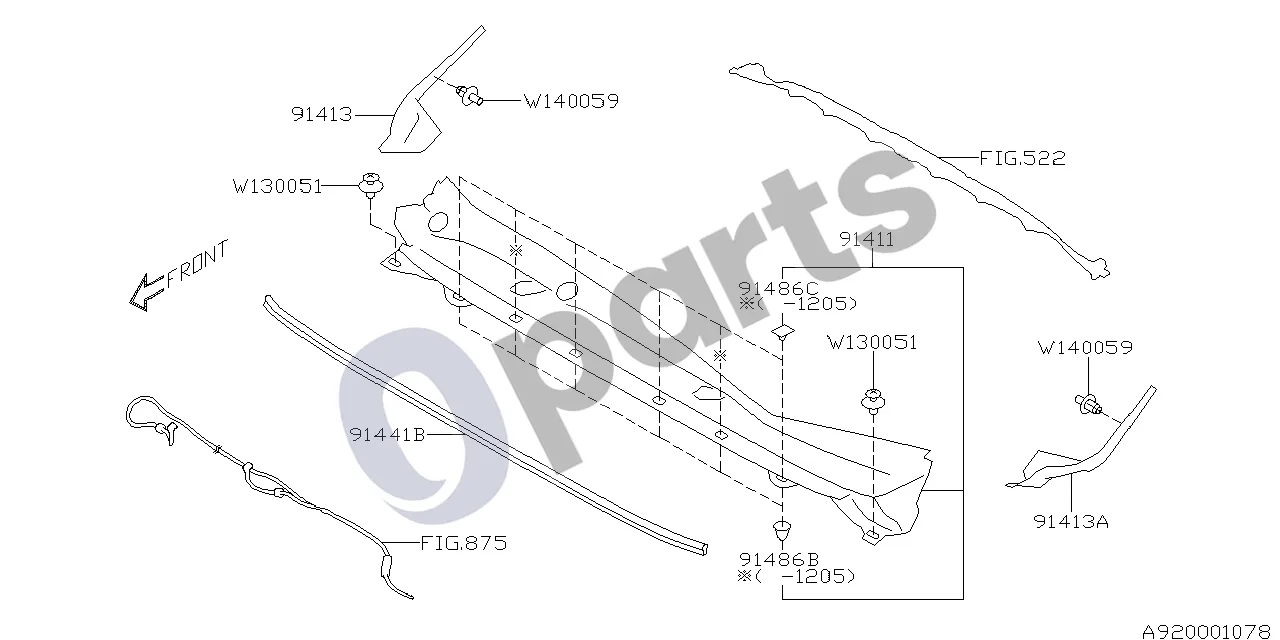 Subaru Impreza IV (2013–2016) Priekinio stiklo apatinis skydas schema – pozicija 91413: Priekinio stiklo apatinė plokštė-šoninė, dešinė