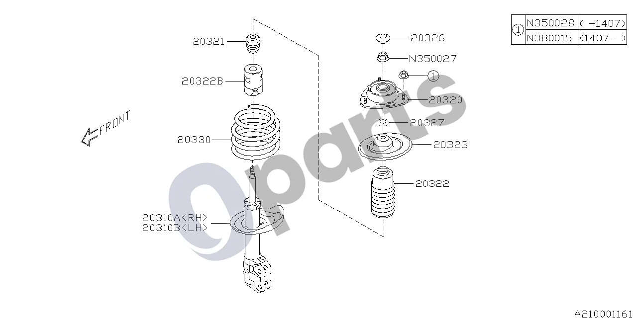 Subaru Impreza IV (2013–2016) Priekinis amortizatorius schema – pozicija 20310B: Priekinis kairysis amortizatoriaus statramstis, komplektas