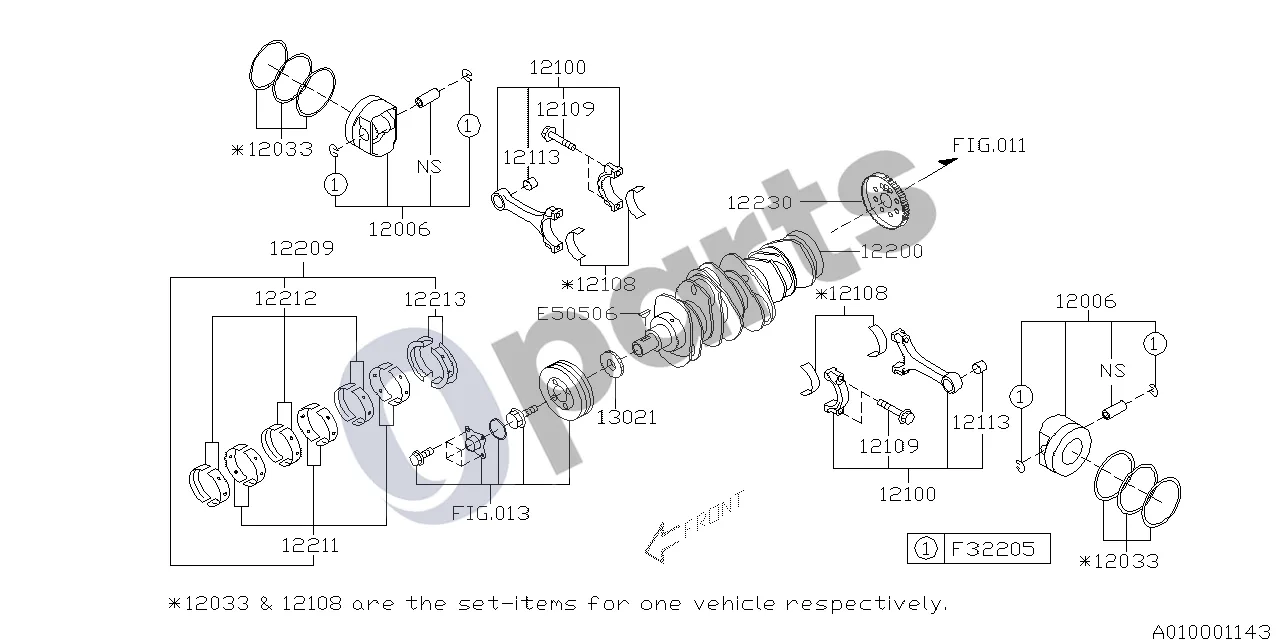 Subaru Legacy (1999–2003) Stūmoklis ir alkūninis velenas (30D) schema – pozicija 12100: Švaistiklio mazgas