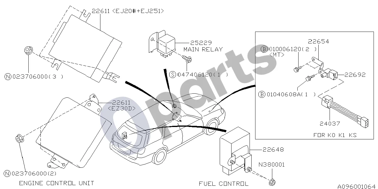 Subaru Legacy (1999–2003) Relė ir jutiklis (variklis, EJ201) schema – pozicija 25229: Rėlės ir laikiklio mazgas