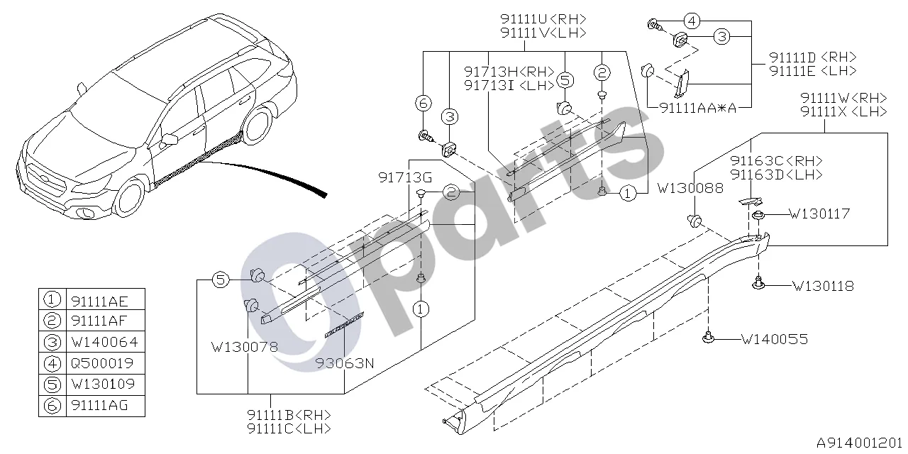 Subaru Legacy (2016–) Išorinė apdaila schema – pozicija 91111X: Slenksčio apdaila, kairė