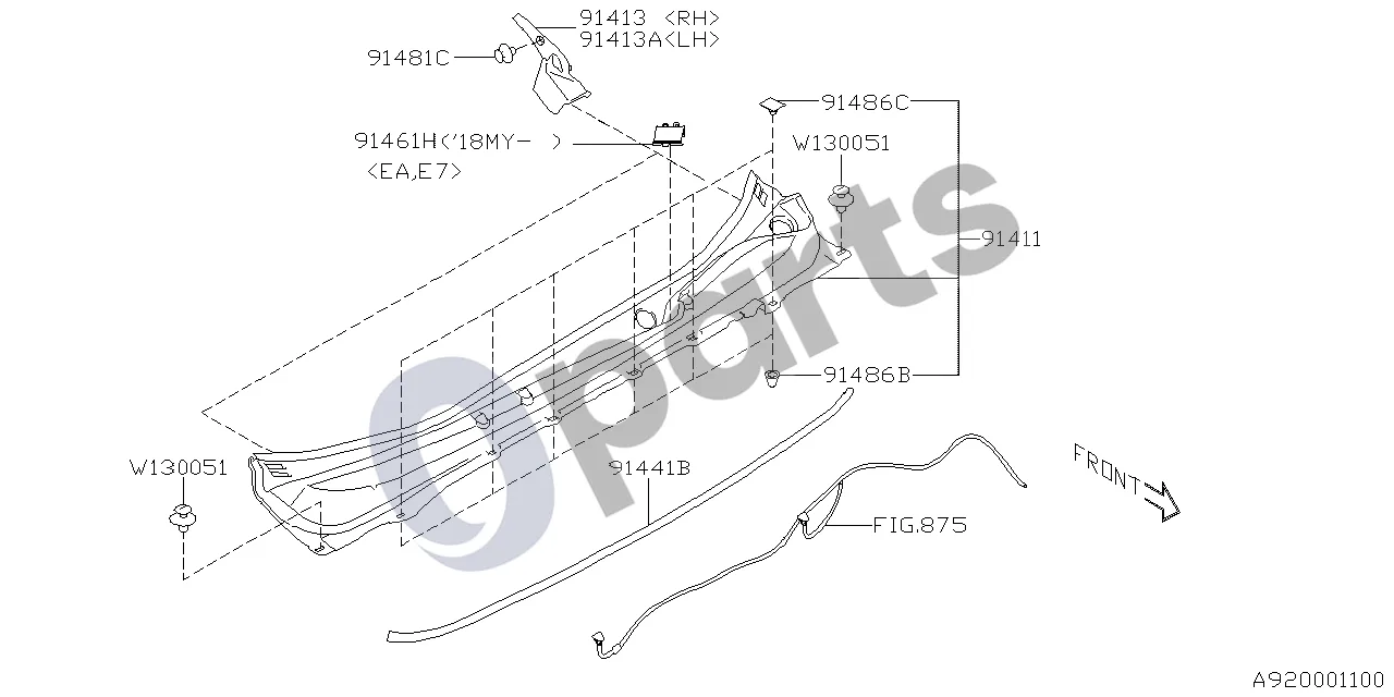 Subaru Legacy (2016–) Priekinio stiklo apatinis skydas schema – pozicija 91413: Priekinio stiklo apatinė plokštė-šoninė, dešinė
