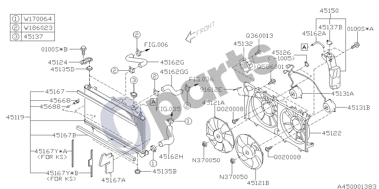 Subaru Legacy (2010–2016) Radiatorius ir ventiliatorius (36D) schema – pozicija 45121B: Ventiliatorius, kairysis