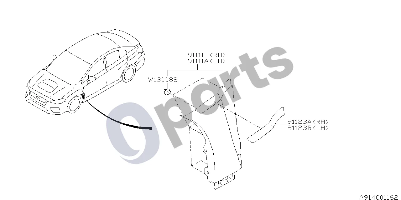 Subaru Levorg (2014–) Sparnas schema – pozicija 91123B: Kairiojo priekinio sparno dekoratyvinė juostelė