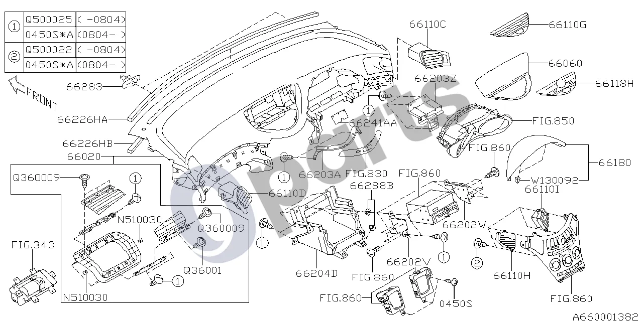 Subaru Tribeca (2008–2016) Viršutinė ir centrinė dalis schema – pozicija 66110G: Centrinė ventiliacijos grotelės, komplektas