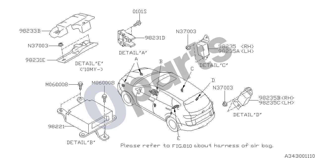 Subaru Tribeca (2008–2016) Sistema (30D) schema – pozicija 98235C: Jutiklis-užuolaidinė oro pagalvė, kairė