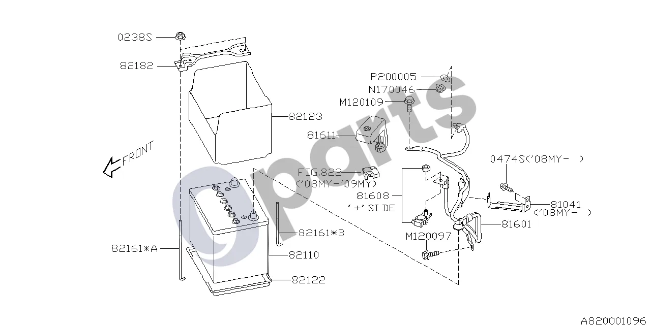 Subaru Tribeca (2008–2016) Akumuliatoriaus įranga schema – pozicija 82122: Akumuliatoriaus dėklas