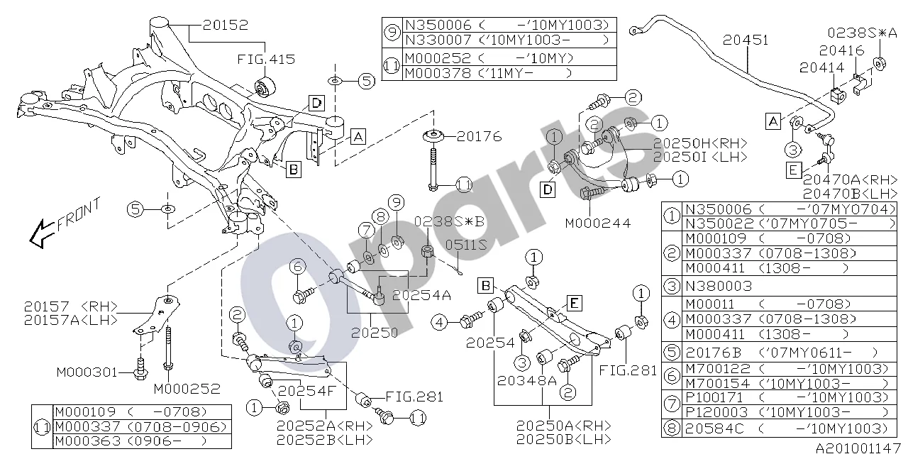 Subaru Tribeca (2008–2016) Galinė pakaba schema – pozicija 20348A: Amortizuojanti guminė pagalvė