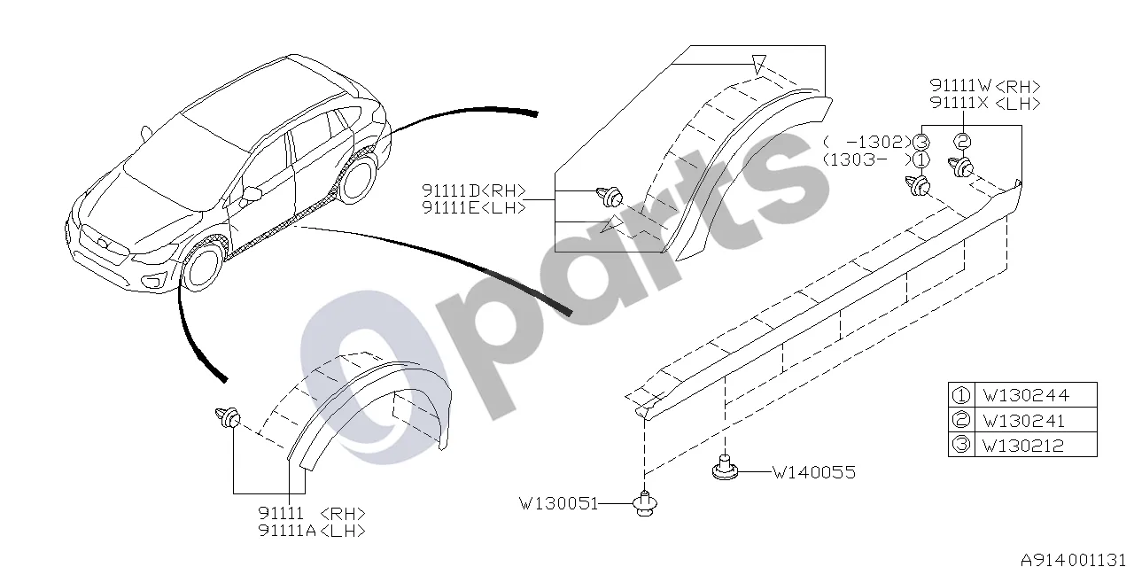 Subaru XV Šoninė dalis schema – pozicija 91111E: Galinio sparno apdaila, kairė