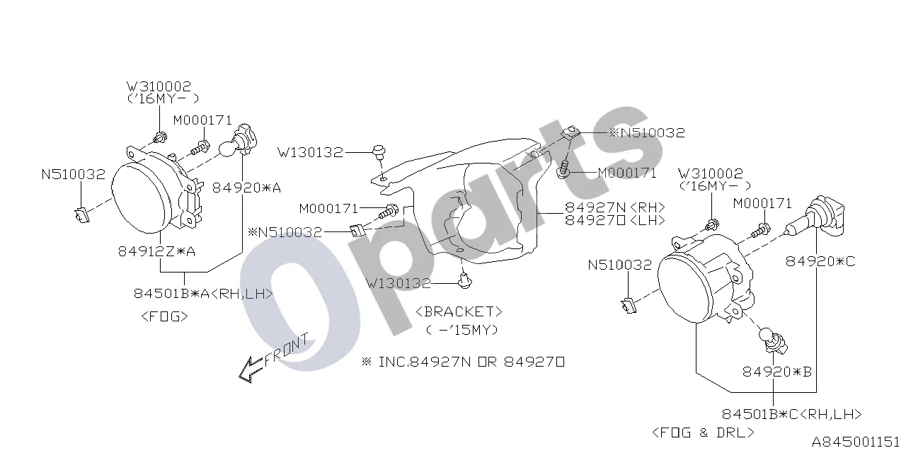 Subaru XV Priekis (16A) schema – pozicija 84927O: Priekinio rūko žibinto laikiklis, kairys