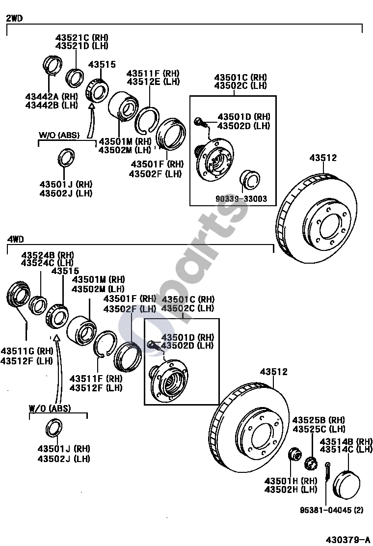 Toyota 4 Runner N180 (1995–2002) Priekinės ašies stebulė schema – pozicija 43501D: Varžtas, stebulės (priekinės ašies, dešinės)