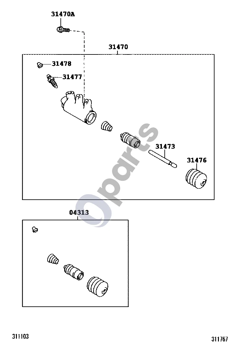 Toyota Auris 150 (2006–2012) Sankabos išjungimo cilindras schema – pozicija 04313: Sankabos išjungimo cilindro komplektas