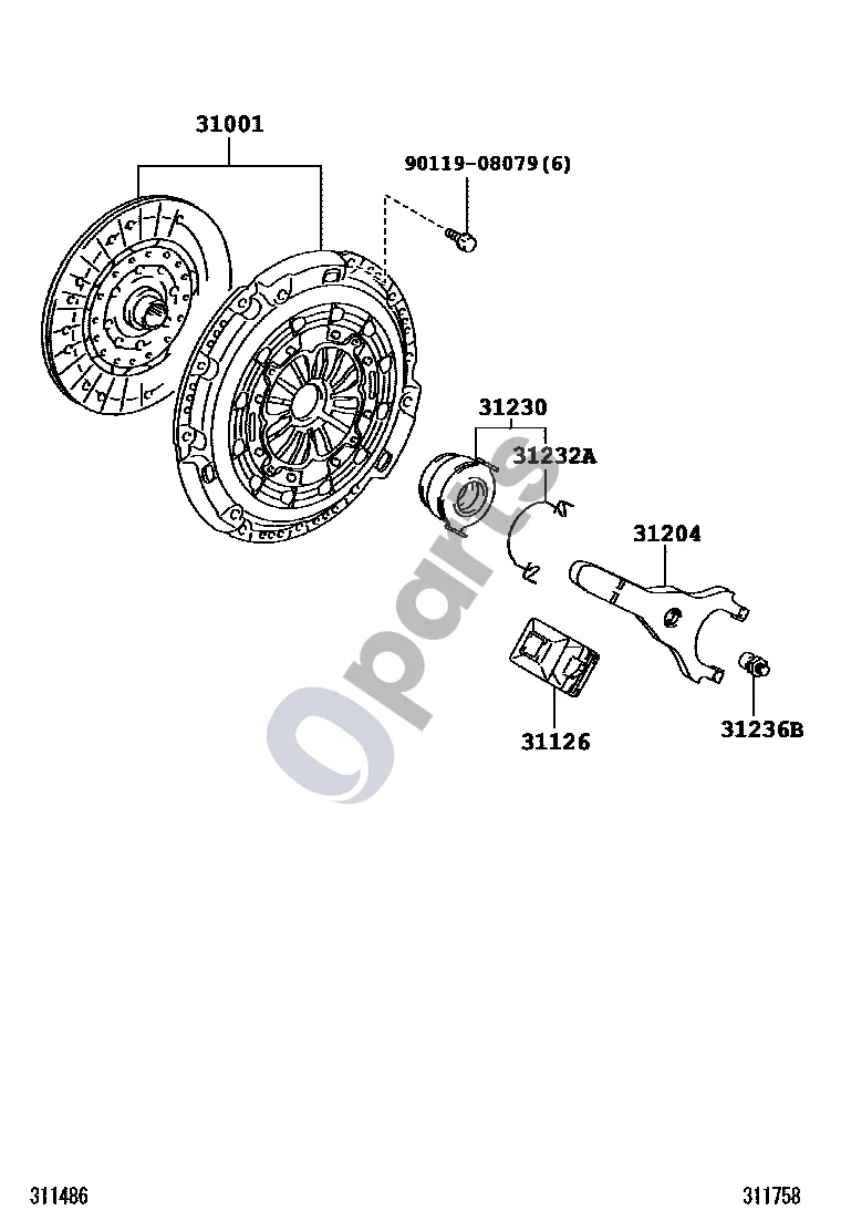 Toyota Auris 150 (2006–2012) Sankaba ir išjungimo šakutė schema – pozicija 31230: Sankabos išjungimo guolis