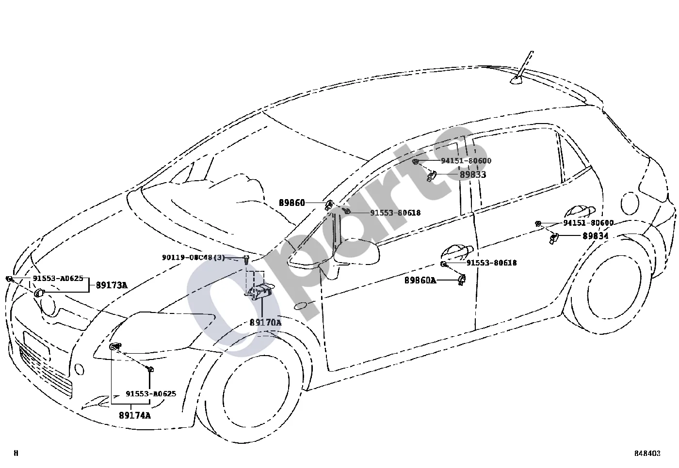 Toyota Auris 150 (2006–2012) Oro pagalvė schema – pozicija 89833: Oro pagalvės jutiklis, galinis dešinys