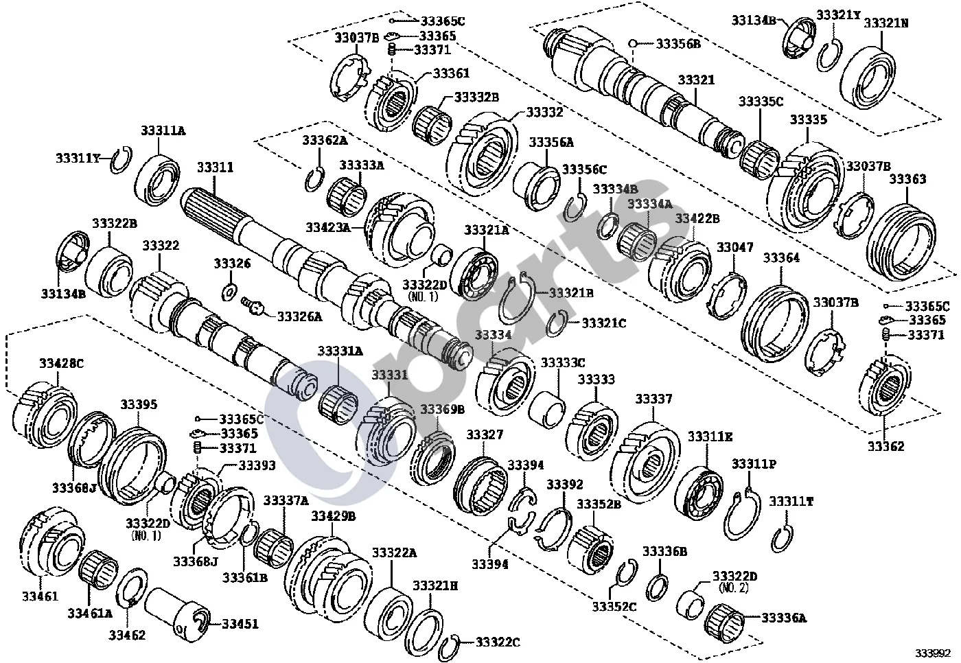 Toyota Auris 150 (2006–2012) Pavarų dėžės krumpliaratis (mechaninė pavarų dėžė) schema – pozicija 33364: Pavarų dėžės stebulės movos, Nr. 2
