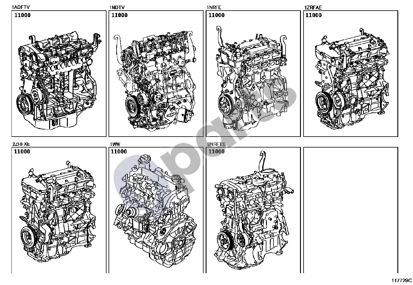 Toyota Auris E180 (2012–2018) Dalinis variklio mazgas (1NRFE) schema – pozicija 11000: Variklis, dalinis, mazgas