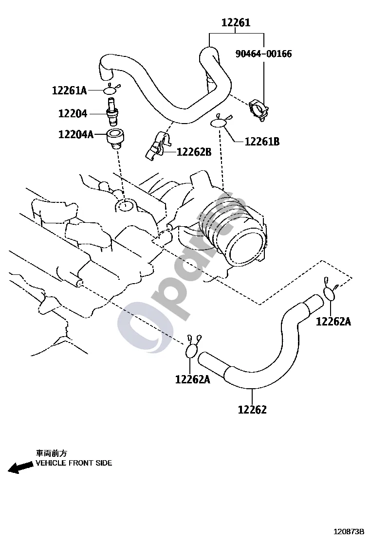 Toyota Auris E180 (2012–2018) Vėdinimo žarna (1NRFE) schema – pozicija 12262: Ventiliacijos žarna Nr. 2