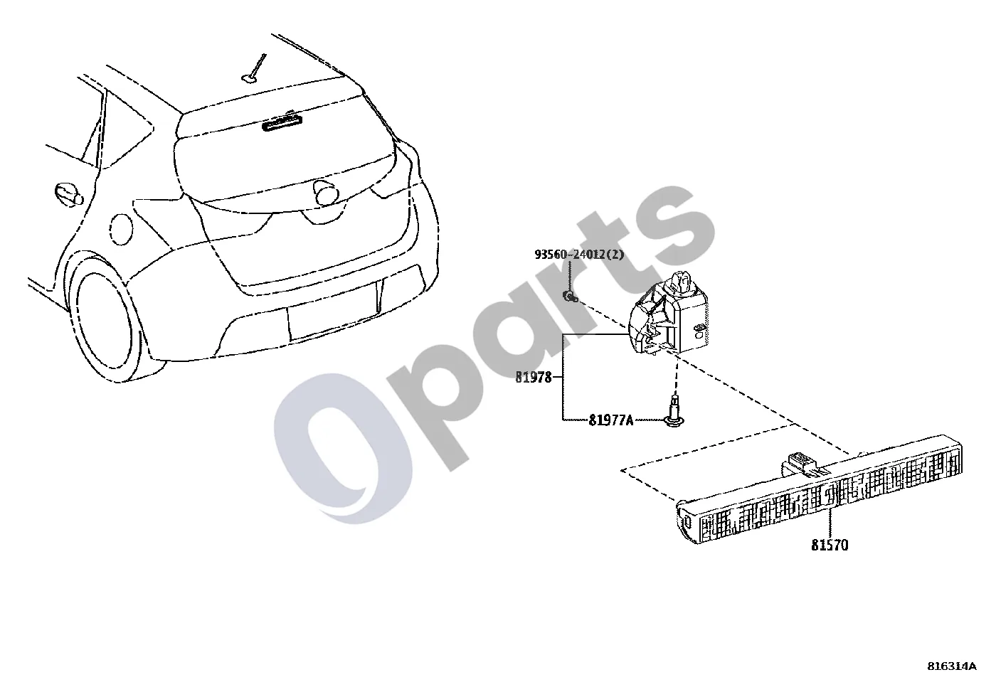 Toyota Auris E180 (2012–2018) Centrinis stabdymo žibintas schema – pozicija 81570: Žibintas, centrinis stabdymo žibintas, mazgas