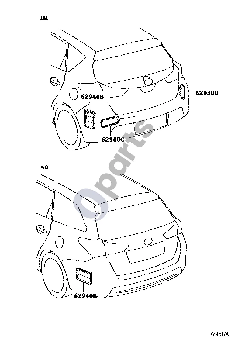 Toyota Auris E180 (2012–2018) Stogo šoninis ventiliatorius schema – pozicija 62940B: Oro kanalas, galinio šoninio stiklo ventiliacija, kairys, mazgas