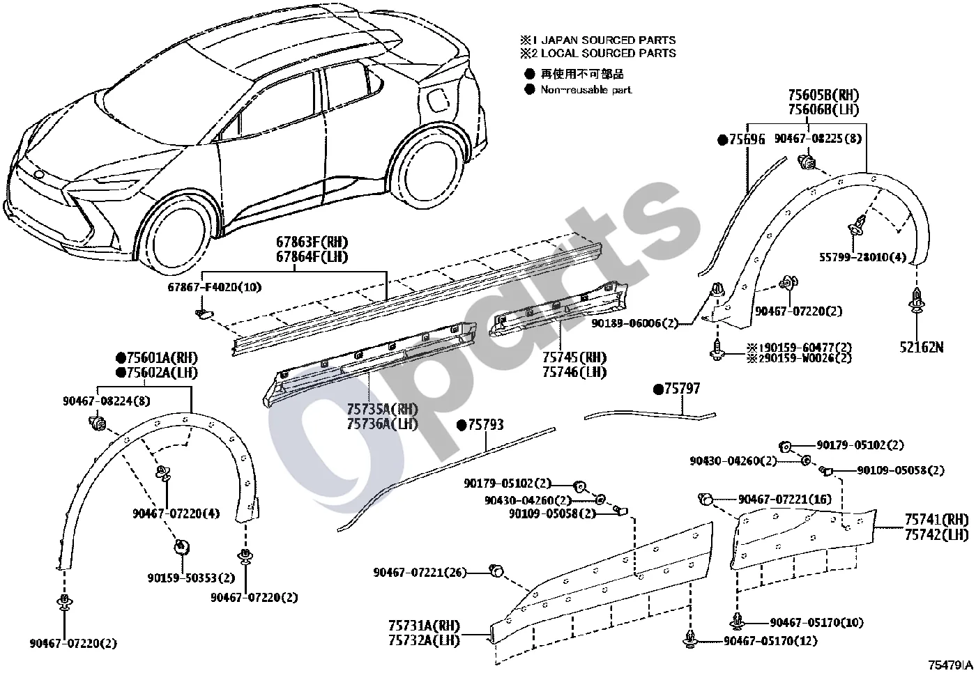 Toyota C-HR II (2023–) Šoninis lipdelis schema – pozicija 75602A: Priekinio sparno apdailos juostelė (mazgas), kairė