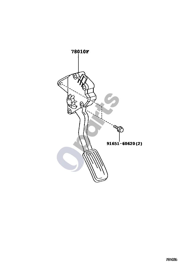 Toyota Camry (2006–2011) Akceleratoriaus trauklė schema – pozicija 78010F: Pedalas, akceleratoriaus