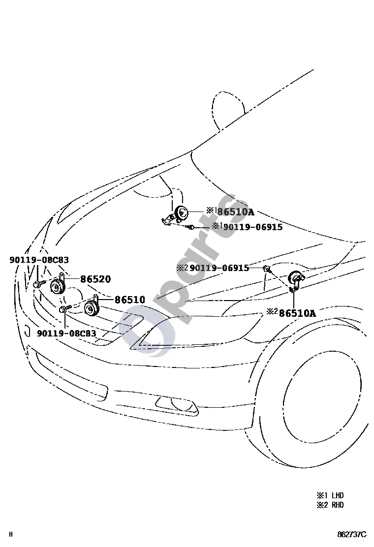 Toyota Camry (2006–2011) Signalas schema – pozicija 86520: Signalas, žemo tono, komplektas