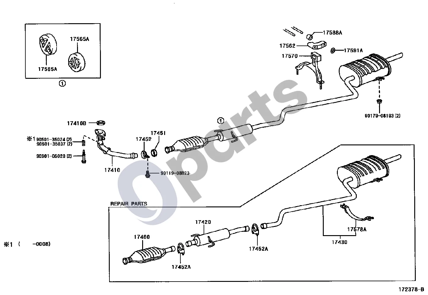 Toyota Corolla E110 (1995–2002) Išmetimo vamzdis (1WZ) schema – pozicija 17410B: Tarpiklis, išmetimo vamzdis