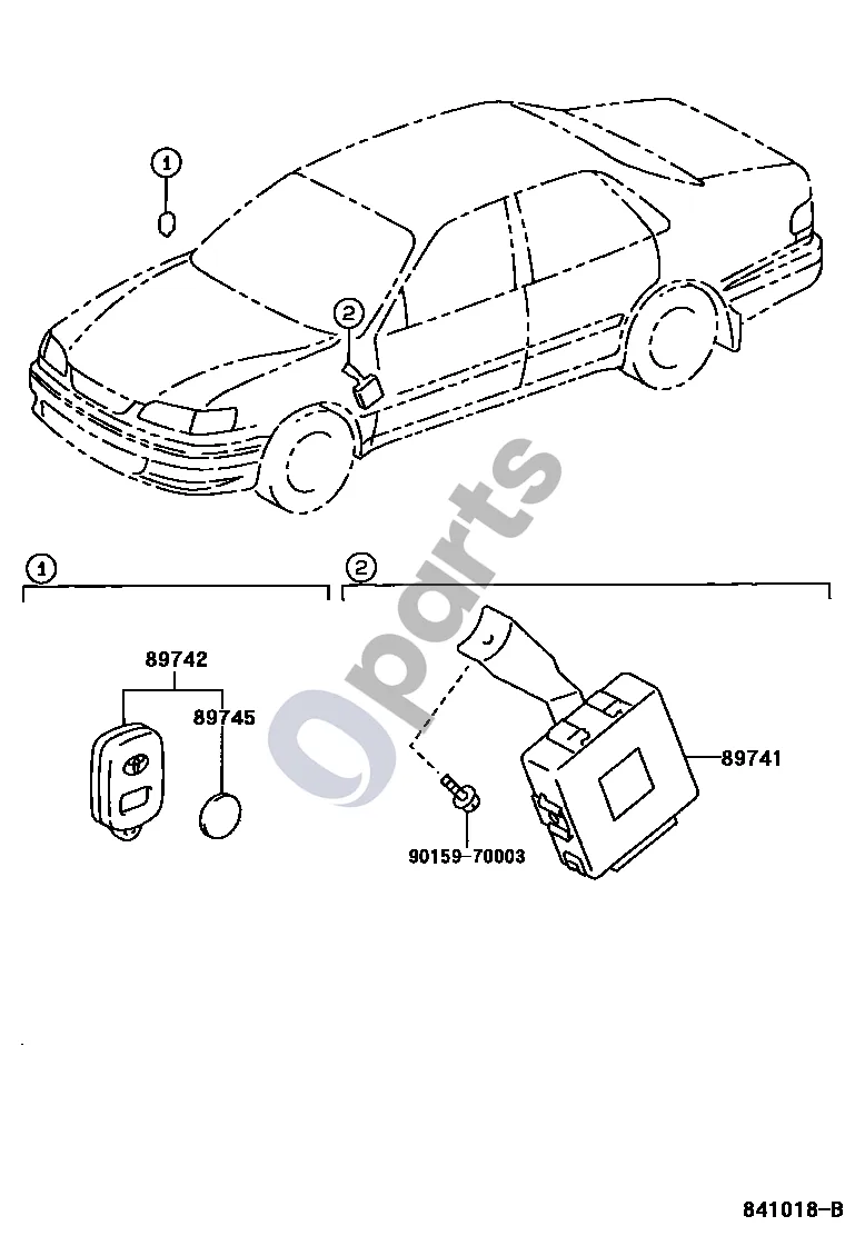 Toyota Corolla E110 (1995–2002) Belaidis durų užraktas (COROLLA E110) schema – pozicija 89741: Durų valdymo imtuvas