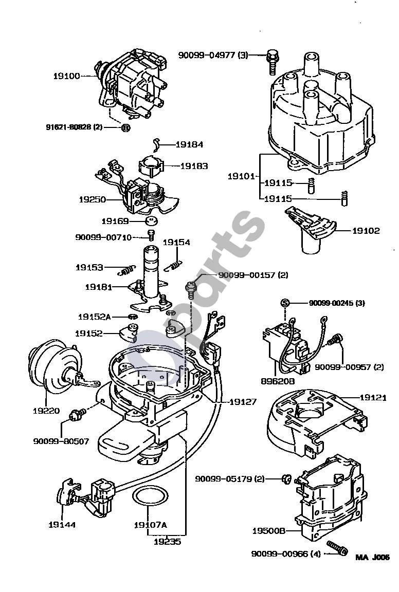 Toyota Corolla E110 (1995–2002) Skirstytuvas (COROLLA E110) schema – pozicija 19102: Rotoriaus mazgas, skirstytuvas