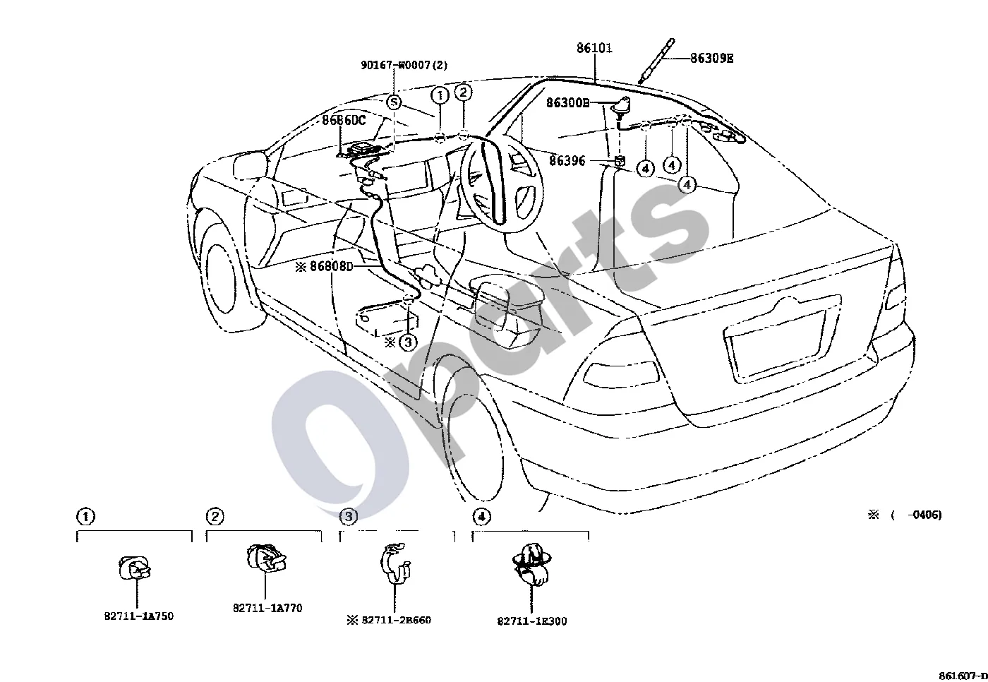 Toyota Corolla E120 E130 (2004–2007) Antena schema – pozicija 86309E: Stogo antenos strypas, komplektas