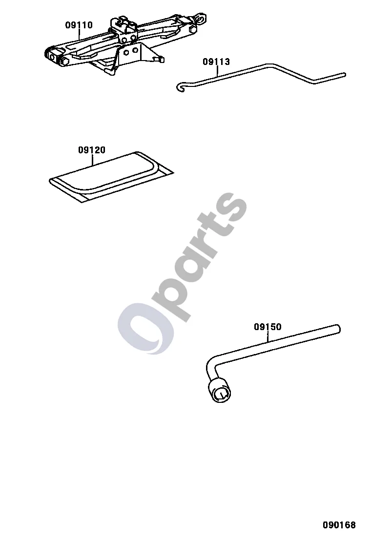 Toyota Corolla E120 E130 (2004–2007) Standartiniai įrankiai (4ZZFE, 3ZZFE) schema – pozicija 09110: Domkratas, komplektas