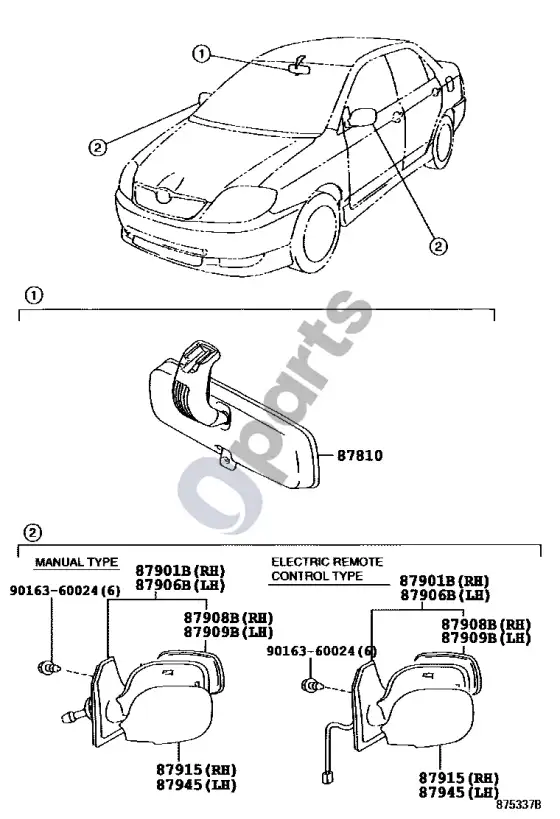 Toyota Corolla E120 E130 veidrodis – schema