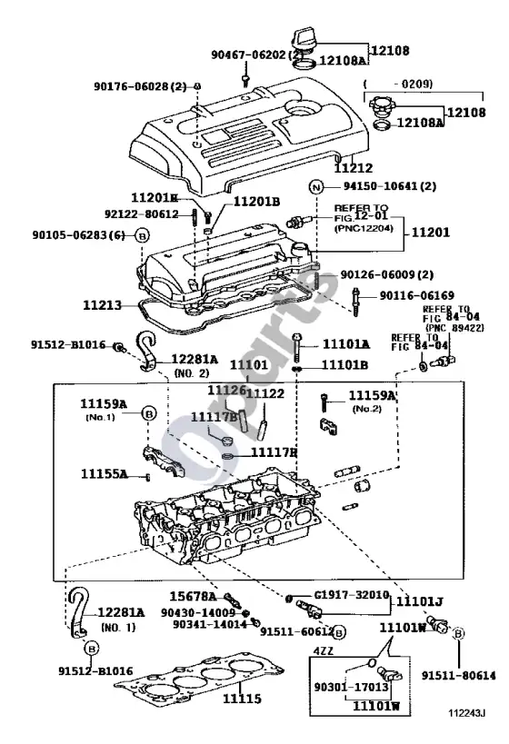 Toyota Corolla E120 E130 cilindrų galvutė – schema
