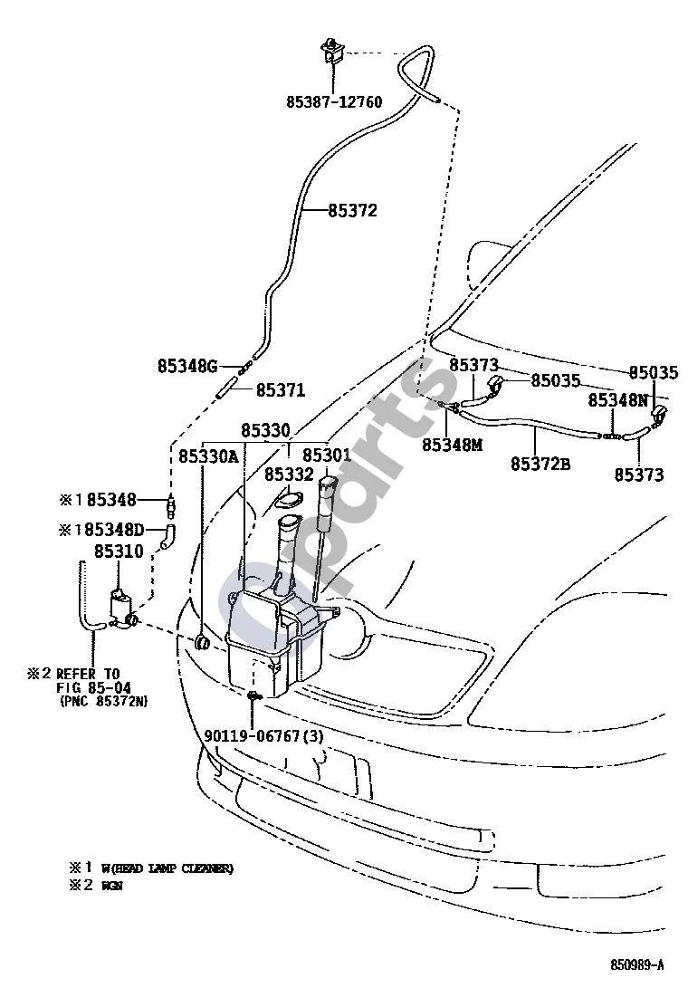 Toyota Corolla E120 E130 (2000–2004) Priekinio stiklo ploviklis schema – pozicija 85310: Priekinio stiklo apiplovimo variklio ir siurblio mazgas