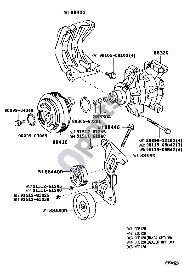 Toyota Corolla E120 E130 (2000–2004) Šildymas ir oro kondicionavimas - kompresorius schema – pozicija 88320: Kondicionieriaus kompresoriaus komplektas (CDE120,ZZE12#..JPP 10.2001 - 09.2002)