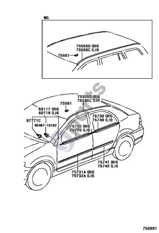 Toyota Corolla E120 E130 (2000–2004) Šoninis lipdelis – schema