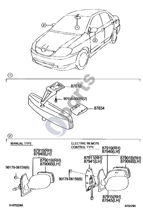 Toyota Corolla E120 E130 veidrodis – schema