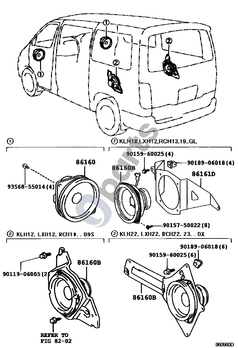 Toyota Hiace (H200) (2004–) Garsiakalbis schema – pozicija 86160: Priekinis garsiakalbis Nr. 1