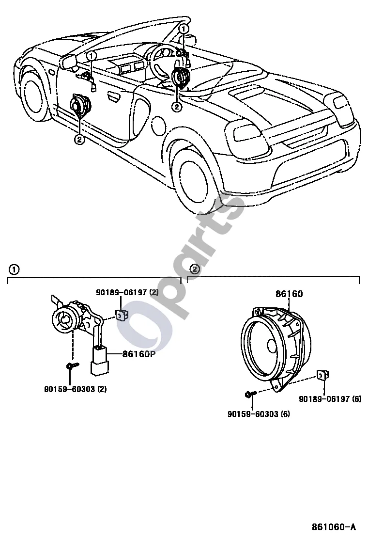 Toyota MR2 (W30) III (1999–2007) Garsiakalbis schema – pozicija 86160: Priekinis garsiakalbis Nr. 1