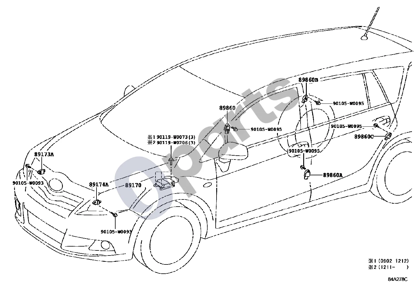Toyota Verso (2009–2018) Oro pagalvė schema – pozicija 89860: Šoninės oro pagalvės jutiklio mazgas, dešinys (AUR2#,ZGR2# 02.2009 - 07.2010)