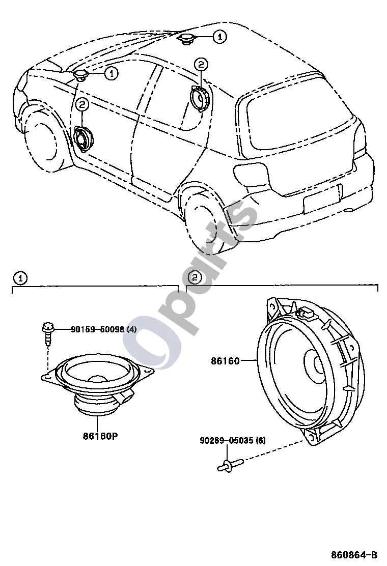 Toyota Yaris (1999–2003) Garsiakalbis schema – pozicija 86160P: Garsiakalbio komplektas, priekinis Nr. 2
