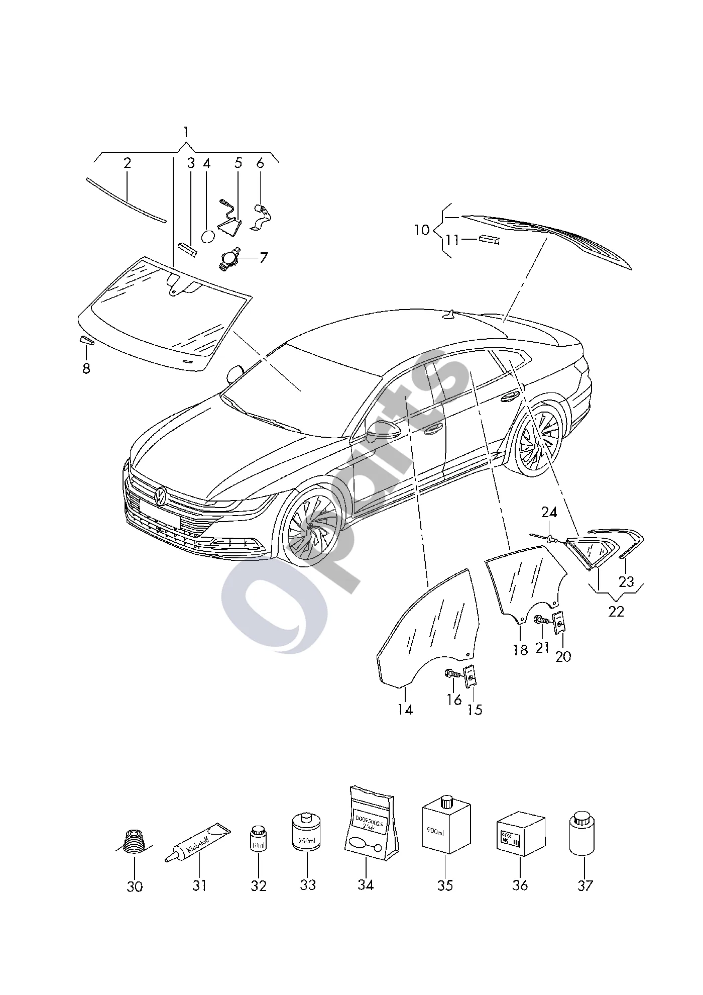 Volkswagen Arteon (2017–) Priekinis stiklas schema – Durų stiklas