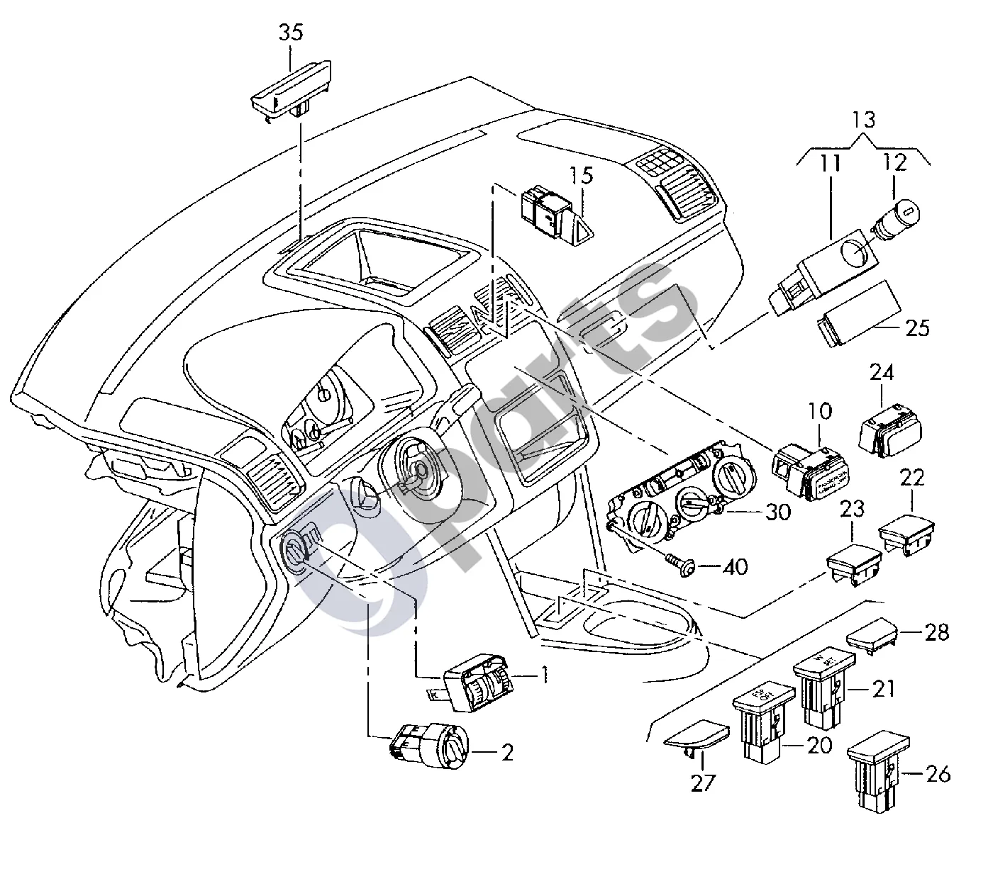 Volkswagen Caddy (2004–2010) Apšvietimo jungiklis schema – Elektroniniu būdu valdomo oro kondicionieriaus rodymo ir valdymo skydelis su valdymo bloku; modeliams su sėdynių šildymu; automobiliams su oro kokybės jutikliu