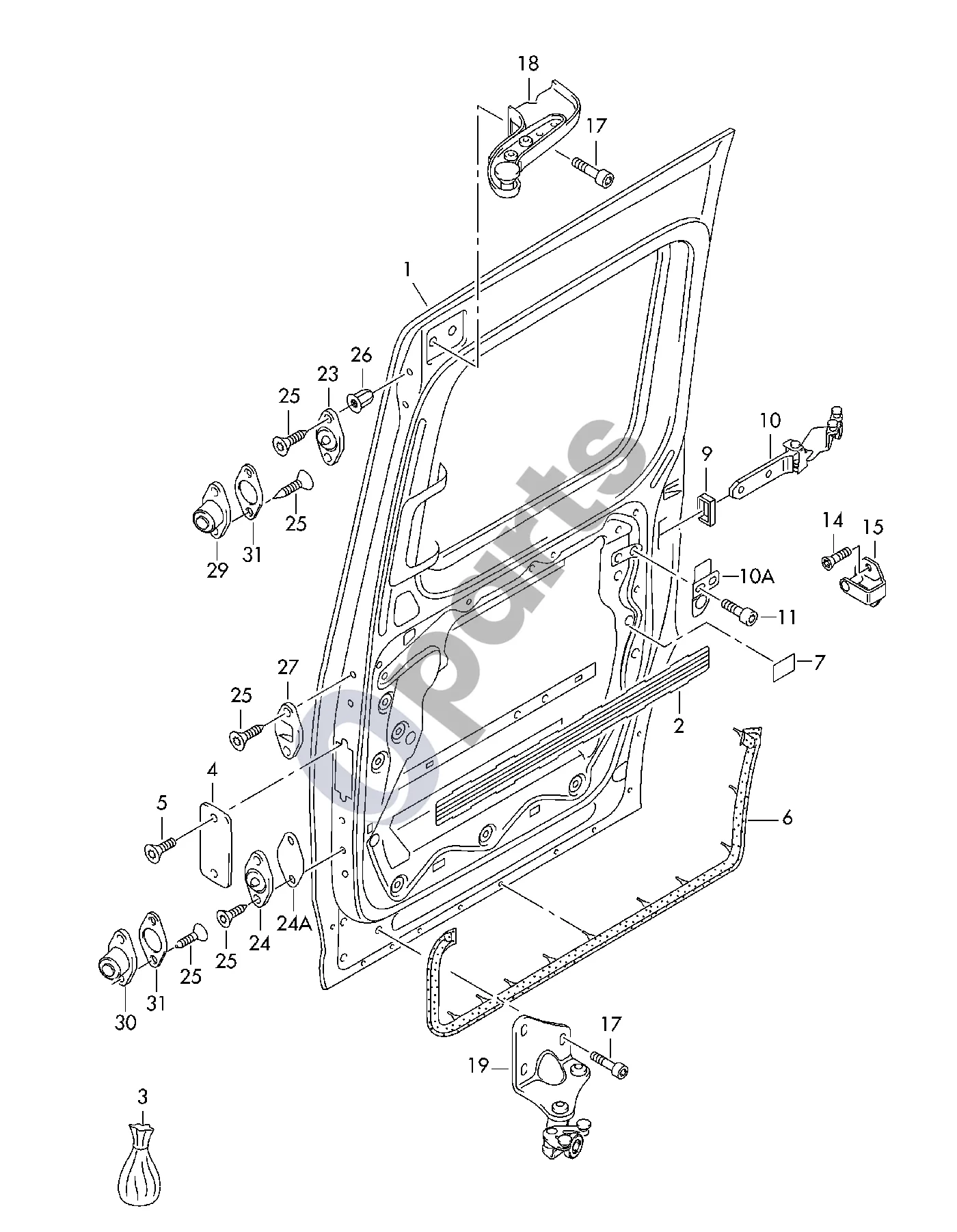 Volkswagen Caddy (2004–2010) Stumdomos durys schema – pozicija 29: Fiksavimo plokštelė