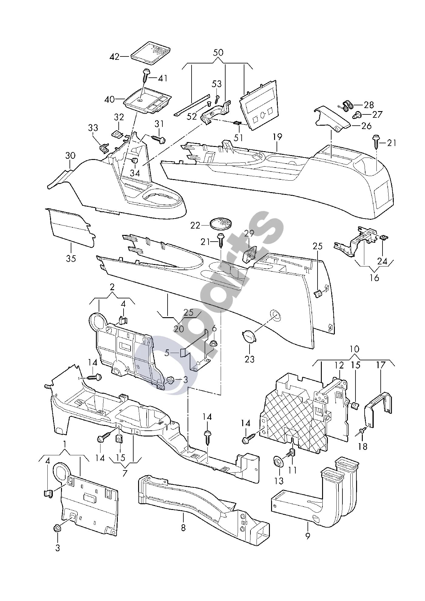 Volkswagen Caddy (2004–2010) Centrinė konsolė schema – pozicija 8: Oro nukreipimo kanalas; Centrinė konsolė