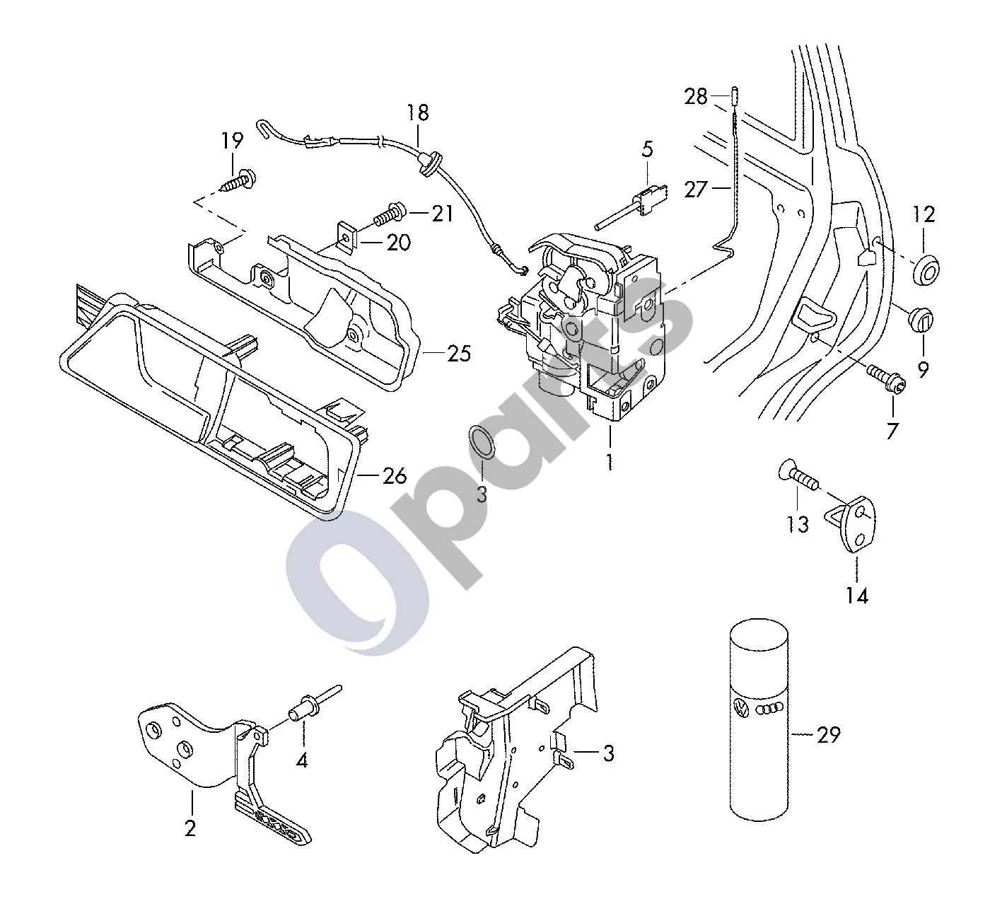 Volkswagen Caddy (2004–2010) Durų spyna schema – Bowdeno trosas; Automobiliams su centrinio užrakto sistema